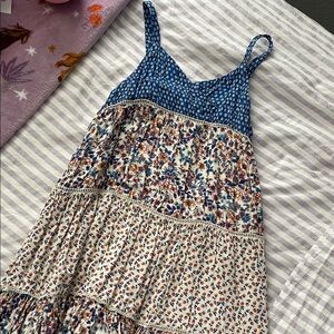 Boho Floral Tiered Sundress - Blue & Cream
